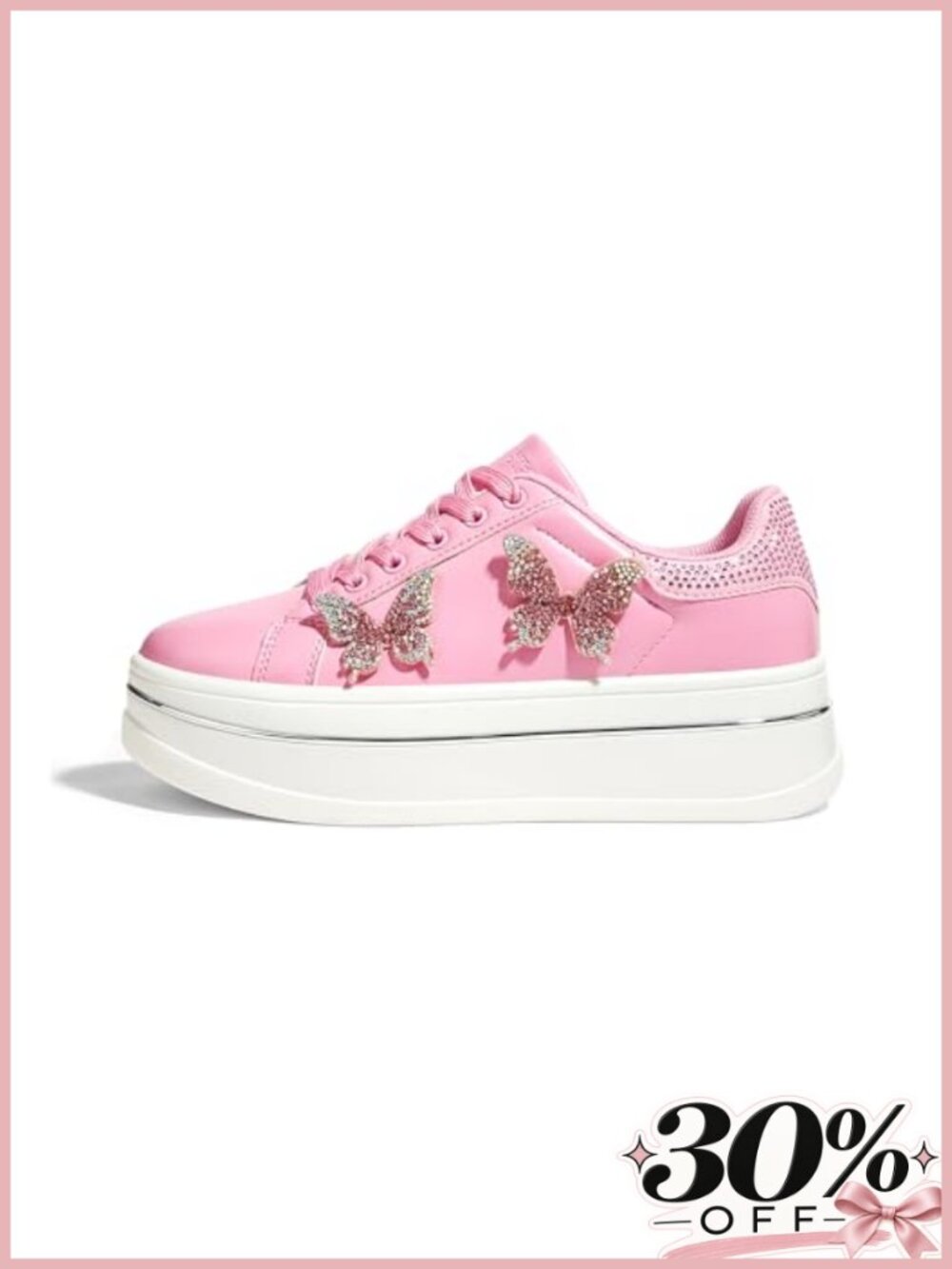 Chunky Platform Sneakers Rhinestone Butterfly Faux Leather Walking Shoes